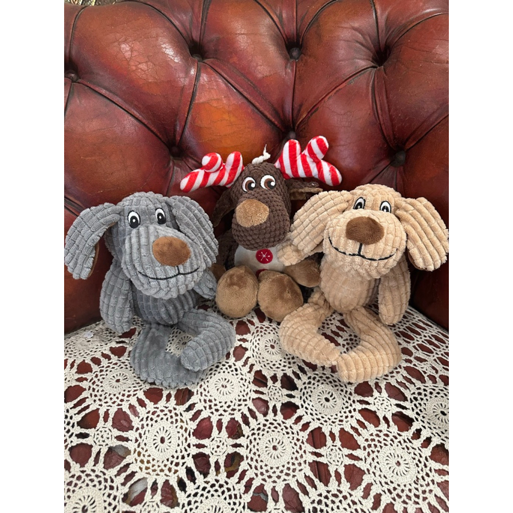 Holiday Time Bow Wow Dog Toys Brown Gray Reindeer Dogs